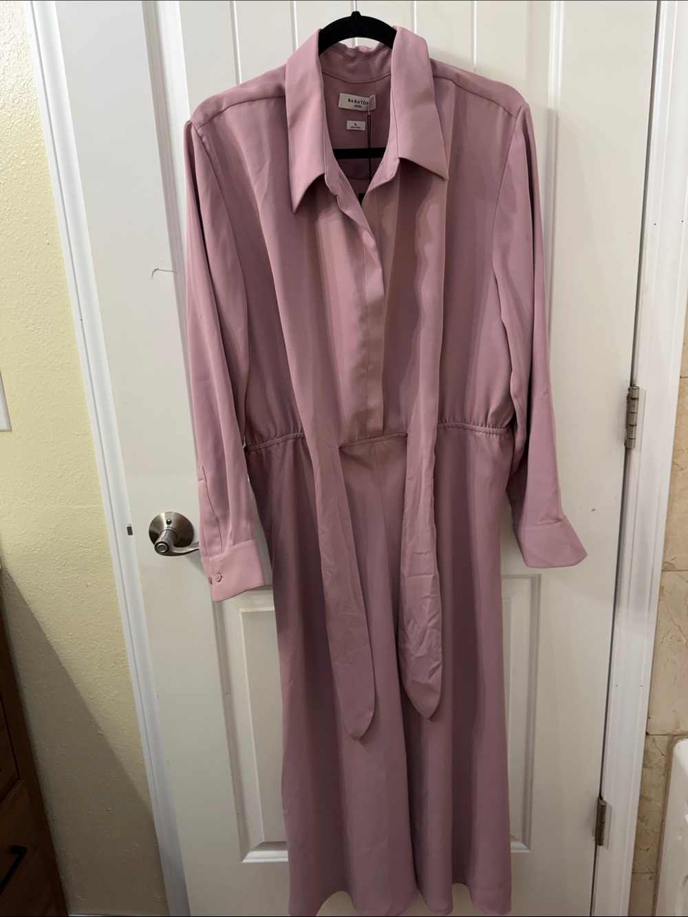 Babaton Rose-Pink Long Sleeve Tie-Waist Shirt Dress